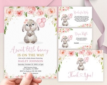 May include: A pink and white baby shower invitation with a watercolor illustration of a gray bunny holding pink balloons. The invitation reads "A sweet little bunny is on the way" and includes the name "Hailey Johnson".