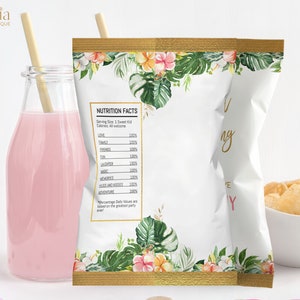 May include: A white chip bag with a gold border and tropical floral design. The bag has a nutrition facts label with the text "Serving Size 1 Sweet Kid, Calories All welcome". The text "Sweetest Party Ever" is printed on the bag.
