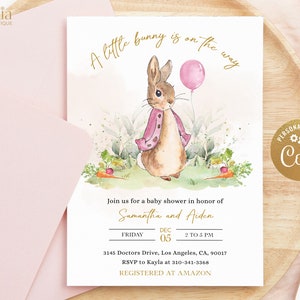EDITABLE Peter Rabbit Baby Shower Invito, Invito acquerello coniglietto rustico, Festa per ragazze con palloncini rosa, Giardino primaverile, Download istantaneo BS133