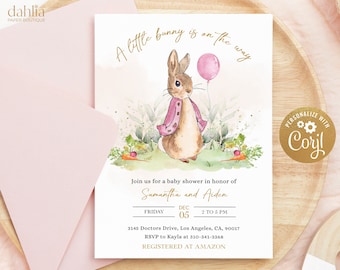 May include: A baby shower invitation with a watercolor illustration of a bunny holding a pink balloon. The invitation says "A little bunny is on the way" and includes the names Samantha and Aiden, the date Friday, December 05, and the time 2 to 5 PM. The invitation also includes the address 3145 Doctors Drive, Los Angeles, CA, 90017, the RSVP information, and the registry information.