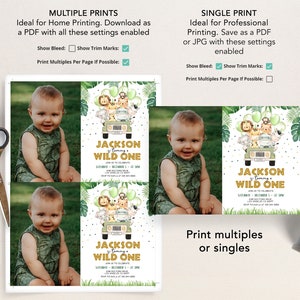 May include: A printable invitation for a first birthday party with a jungle theme. The invitation features a green jeep with a lion, monkey, zebra, and giraffe inside. The text on the invitation reads "Jackson is turning one, Wild One".