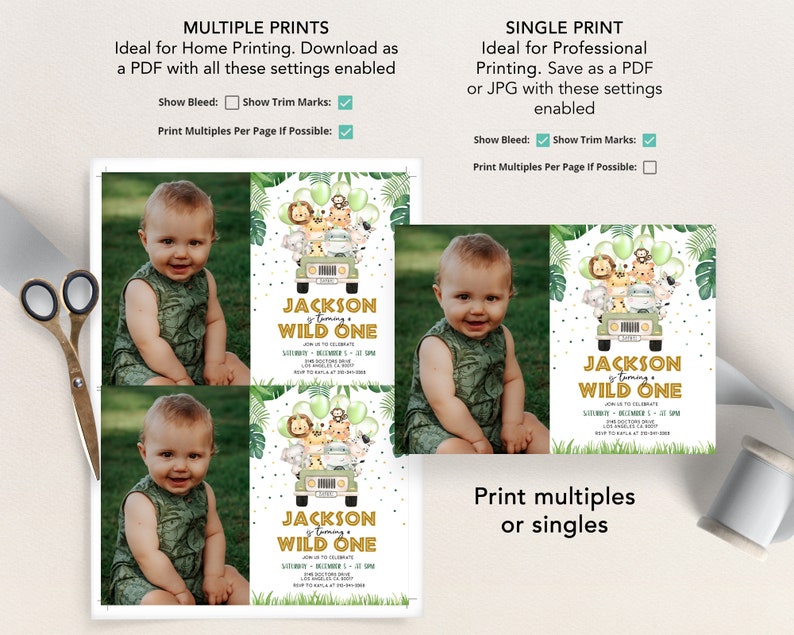 May include: A printable invitation for a first birthday party with a jungle theme. The invitation features a green jeep with a lion, monkey, zebra, and giraffe inside. The text on the invitation reads "Jackson is turning one, Wild One".