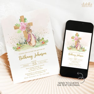Invito al battesimo di Peter Rabbit, invito alla festa di battesimo del coniglietto flopsy modificabile, modello padrini battesimo ragazza, download istantaneo, BP011