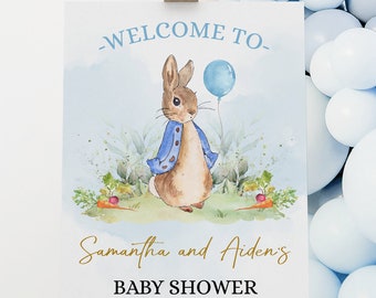 EDITABLE Peter Rabbit Baby Shower Welcome Sign, DIY Rustic Boy Bunny Watercolor Banner, Blue Balloon Spring Brunch, Instant Download, BS133