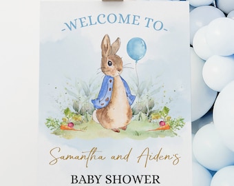 EDITABLE Peter Rabbit Baby Shower Welcome Sign, DIY Rustic Boy Bunny Watercolor Banner, Blue Balloon Spring Brunch, Instant Download, BS133