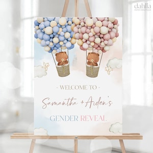 Teddy Bären Gender Reveal Willkommensschild, Heißluftballon Gender Reveal Party Dekor, Er oder sie, Jungen- oder Mädchen-Zeichen, Boho Aquarell Bär, GR007