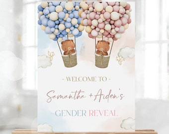 Teddy Bears Gender Reveal Welcome Sign, Hot Air Balloon Gender Reveal Party Decor, He Or She, Boy Or Girl Sign, Boho Watercolor Bear, GR007
