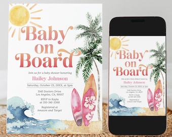 Baby on Board Baby Shower Invitation, Editable Surf Board Beach Baby Shower Invite, Surf's Up, Surfing Summer Girl Shower Template, BS240