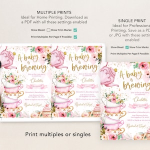May include: A baby shower invitation with a pink and gold teacup theme. The invitation features a teapot, teacups, and cupcakes with pink and gold floral accents. The text reads "A baby is brewing" and includes details for the baby shower, including the date, time, location, and RSVP information.