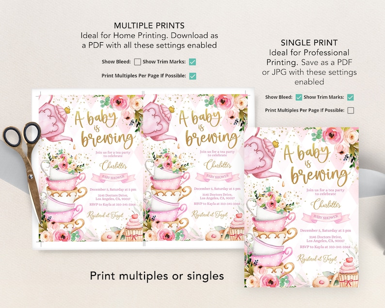 May include: A baby shower invitation with a pink and gold teacup theme. The invitation features a teapot, teacups, and cupcakes with pink and gold floral accents. The text reads "A baby is brewing" and includes details for the baby shower, including the date, time, location, and RSVP information.
