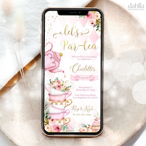 Tea Party digitale verjaardagsuitnodiging, BEWERKBARE roze en gouden Par-tea mobiele uitnodiging, grillige Tea Party Evite, High Tea tekstbericht, KP056