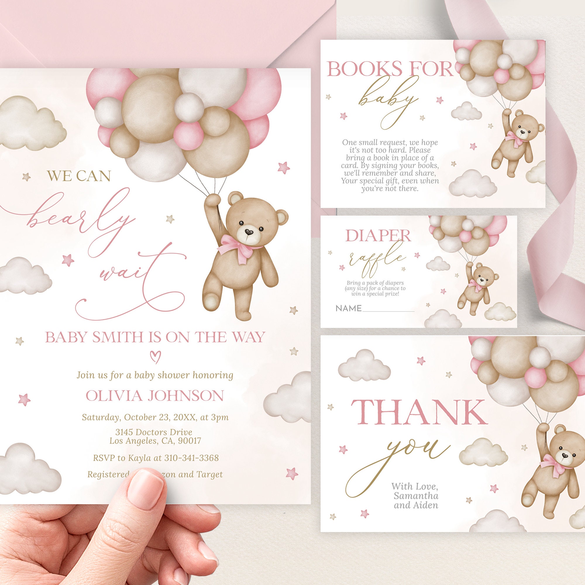 Teddy Bear Baby Shower Invitation Set, EDITABLE Pink Balloon Clouds ...