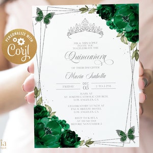 Emerald Green and Silver Quinceañera Invitation, EDITABLE Tiara Party Invite Template, Mis Quince Anos, 15th Birthday, Instant Download Q012