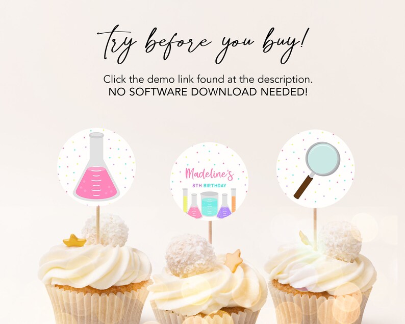 May include: Three cupcakes decorated with colorful science-themed cupcake toppers. The toppers feature a beaker, a magnifying glass, and a set of beakers with the text "Madeline's 8th Birthday".