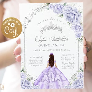 Invitación de Quinceañera con Arco Lila Púrpura y Plata, Tiara EDITABLE Rosas 15 Cumpleaños, Mis Quince Anos, Dulce 16, Descarga Instantánea, Q066