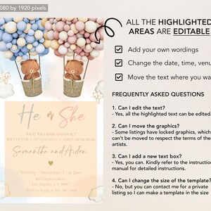 Teddy Bears Gender Reveal Evite Template, EDITABLE Hot Air Balloon Invitation, Printable He Or She, Boy Or Girl, Boho Watercolor Bear, GR007 image 3