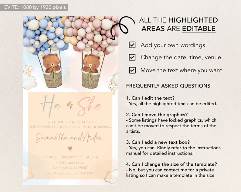 Teddy Bears Gender Reveal Evite Template, EDITABLE Hot Air Balloon Invitation, Printable He Or She, Boy Or Girl, Boho Watercolor Bear, GR007 image 3