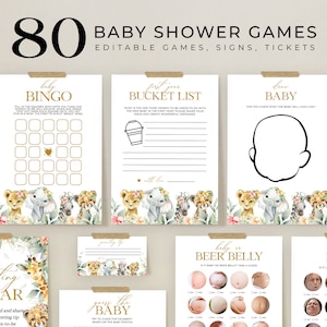 EDITABLE 80 Safari Baby Shower Games, Jungle Baby Shower Game Bundle, Tropical Greenery, Floral Jungle, Safari Animals, Instant File, BS109