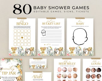 May include: A set of printable baby shower games featuring a jungle animal theme. The games include "Baby Bingo", "First Year Bucket List", "Draw Baby", "Parenting Tip Jar", "Guess the Baby", "Baby Beer Belly", and "Labour Lovin'" games.