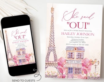 May include: A pink and white bridal shower invitation with a watercolor illustration of the Eiffel Tower and a cafe in Paris. The text on the invitation reads "She said "OUI" Join us for a bridal shower honoring Hailey Johnson Saturday, October 23 at 5 pm Wisteria Garden 3145 Doctors Drive, Los Angeles, CA, 90017 RSVP to Kayla at 310-341-3368"