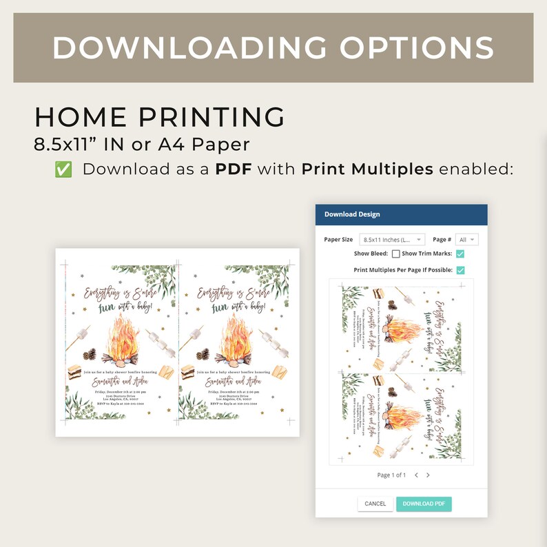 May include: A screenshot of a computer screen showing a printable design for a baby shower invitation. The invitation features a campfire with marshmallows and the text "Everything is s'more fun with a baby!" The design is available in 8.5x11 inches or A4 paper size.