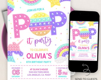 EDITABLE Pop It Birthday Invitation, Pop It Party Invitation Template, Pop It Pastel Rainbow, Instant Editable File, Instant Download KP043