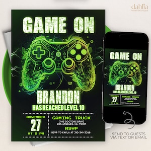 Videospiel Party Einladung, EDITIERBARE Level Up Geburtstag einladen, Green Glow Neon einladen, Gamer Boy Vorlage, Arcade Party, Familiennacht KP214