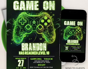 Peut inclure: Une invitation verte et noire avec un graphisme de manette de jeu vidéo verte brillante. Le texte indique "Game On" et "Brandon Has Reached Level 10". L'invitation comprend des détails pour une fête le 27 novembre à 14h00 dans un camion de jeu situé au 3145 Doctors Drive, Los Angeles, CA 90017. RSVP à Kayla au 310-341-3368.
