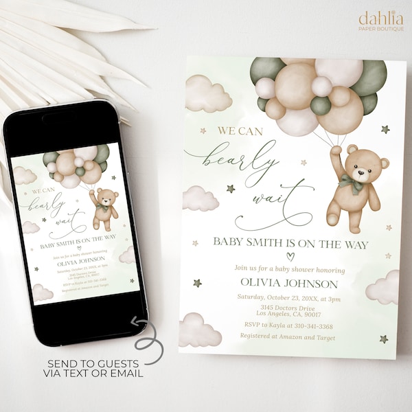 Teddy Bear Baby Shower Invitation, EDITABLE Sage Green Balloon Clouds Baby Sprinkle, Neutral Party Template, We Can Bearly Wait Card, BS194