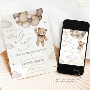 Invito al battesimo dell'orsacchiotto, Invito modificabile per il giorno del nome, Padrini di battesimo personalizzati, Palloncini per orsi acquerello Boho neutri, BP012