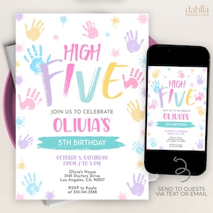 Invito di compleanno High Five, modello di invito Hi Five modificabile, compleanno di pittura per bambine del 5° anno, invito Hi 5 stampabile, download immediato, KP247