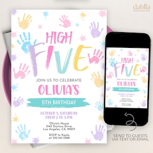 High Five Birthday Invitation, Editable Hi Five Invite Template, Girls 5th Painting Birthday, Printable Hi 5 Invite, Instant Download, KP247