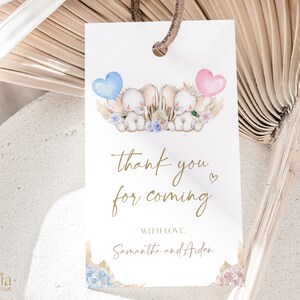 Elefante género revelar gracias por venir etiqueta de regalo, boho género revelar fiesta favor, él o ella, bebé niño o niña juego, acuarela GR003