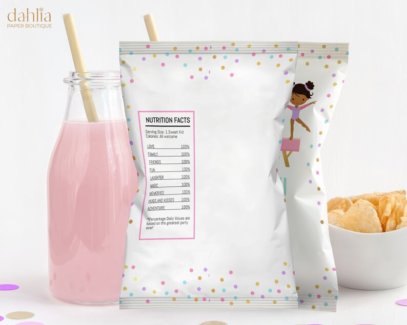 Gymnastics Chip Bag Label Template, Editable Chips Wrapper, Party Favor, Brown Skin, Girl Gymnasts Birthday Party, Instant Download, KP035 image 2