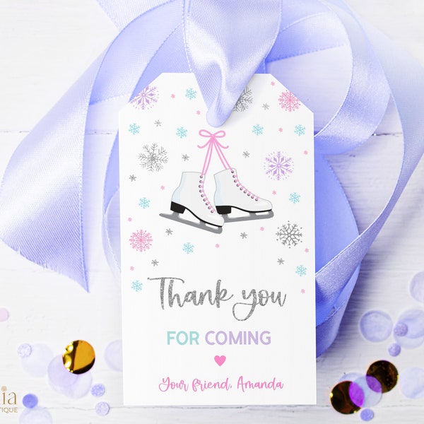 Thank You For Coming Gift Tag, Editable Ice Skating Party Favor Tag, Skate On Over Template, Pastel Snowflake Template, Outdoor Rink, KP169