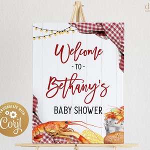 Crawfish Boil Baby Shower Welcome Sign, Editable Louisiana Seafood Baby Brunch, Red Plaid Banner, Neighborhood Picnic Party Decor, BS169
