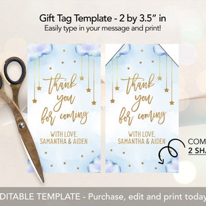 May include: Editable gift tag template with a blue watercolor background and gold stars. The text reads "Thank you for coming" with the option to add a personalized message. The tag comes in two shapes and measures 2 by 3.5 inches.