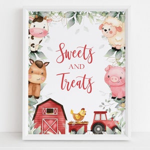 Op de afbeelding: Een printbaar bord met een rode schuur, een rode tractor, een kip, een varken, een koe en een lam. Het bord staat "Sweets and Treats" in rode cursieve letters.