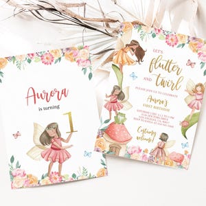 May include: Two fairy-themed birthday party invitations with watercolor illustrations of fairies, flowers, and mushrooms. The text on the invitations reads "Let's flutter and twirl" and "Aurora's First Birthday".