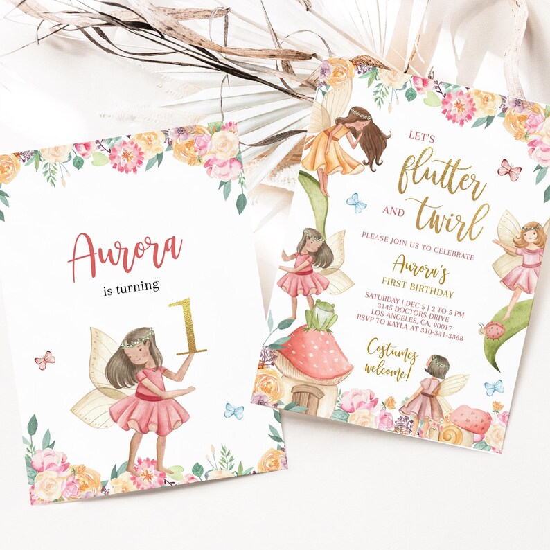 May include: Two fairy-themed birthday party invitations with watercolor illustrations of fairies, flowers, and mushrooms. The text on the invitations reads "Let's flutter and twirl" and "Aurora's First Birthday".