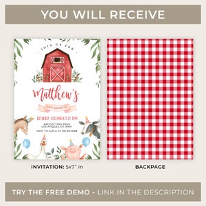 K&ouml;nnte beinhalten: Ein rotes und wei&szlig;es Gingham-Muster, eine druckbare Einladung zu einer 2. Geburtstagsfeier mit Bauernhof-Thema. Die Einladung zeigt eine rote Scheune, eine Kuh, ein Schwein, eine Gans und einen Esel. Der Text auf der Einladung lautet "Schlie&szlig;en Sie sich uns an f&uuml;r Matthews 2. Geburtstag".