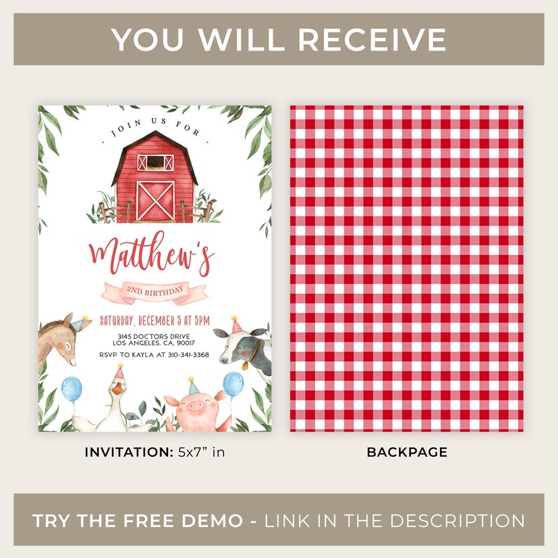 K&ouml;nnte beinhalten: Ein rotes und wei&szlig;es Gingham-Muster, eine druckbare Einladung zu einer 2. Geburtstagsfeier mit Bauernhof-Thema. Die Einladung zeigt eine rote Scheune, eine Kuh, ein Schwein, eine Gans und einen Esel. Der Text auf der Einladung lautet "Schlie&szlig;en Sie sich uns an f&uuml;r Matthews 2. Geburtstag".