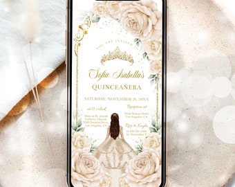 Invitación digital Quinceañera blanca y dorada, invitación móvil EDITABLE Tiara, Mis Quince Anos, 15 cumpleaños, fiesta dulce 16, Q036