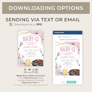 May include: A printable baby shower invitation with a pink and white gingham pattern. The invitation features a watercolor illustration of a grill, beer, and baby bottles. The text on the invitation reads "Join us for a coed Baby-Q to celebrate parents-to-be Samantha and Aiden".