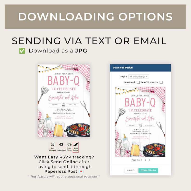 May include: A printable baby shower invitation with a pink and white gingham pattern. The invitation features a watercolor illustration of a grill, beer, and baby bottles. The text on the invitation reads "Join us for a coed Baby-Q to celebrate parents-to-be Samantha and Aiden".