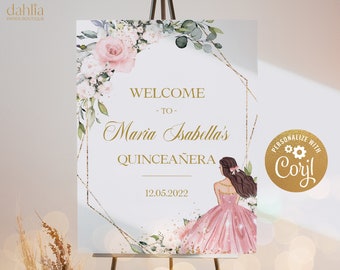 Quinceañera Welcome Sign, EDITABLE Blush Pink and Gold Party Decor, Floral Quinceañera Banner, Mis Quince Anos, 15th Birthday Party, Q002
