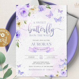 EDITABLE Butterfly Baby Shower Invitation, Magical Garden Invite Template, Floral Lilac Purple and Gold Girl Party Instant Download BS130