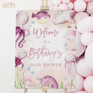 Under The Sea Baby Shower Welcome Sign, Editable Ocean Animals Party Banner Template, Nautical Girl Baby Sprinkle Decor, Pink Whales, BS139