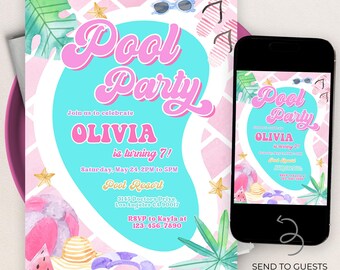 May include: A colourful pool party invitation featuring the words "Pool Party" in pink script. The invitation, with a turquoise background, announces Olivia's 7th birthday, including details and decorative elements.