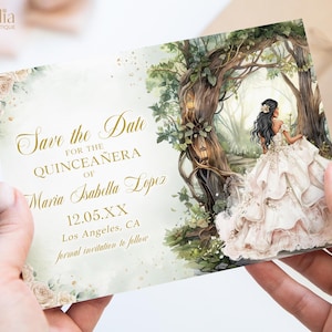Quinceaňa Save the Date Karte, Champagner Verzauberter Wald Quitte Printable, Magical Garden Mis Quitte Anos Mädchen 15.Geburtstag Vorlage Q129